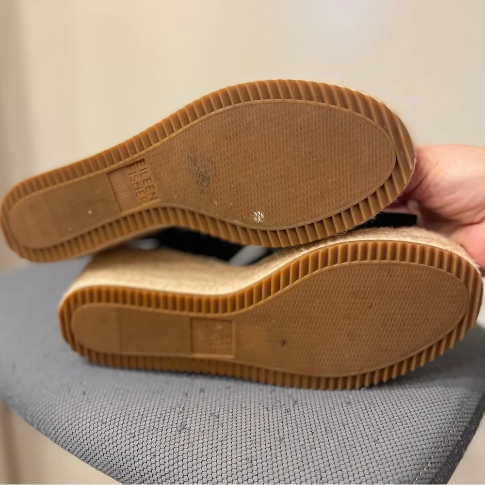 Eileen Fisher Black Wedge Leather Espadrille Sandals with Ankle Strap